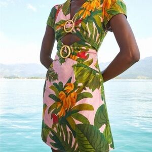 FARM Rio Tropical Green and Pink Mini Dress